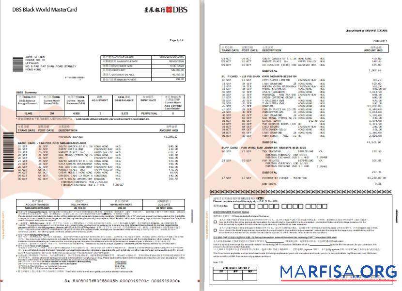 Downloadable Hong Kong DBS Black World MasterCard eStatement word 1 2 pages sample